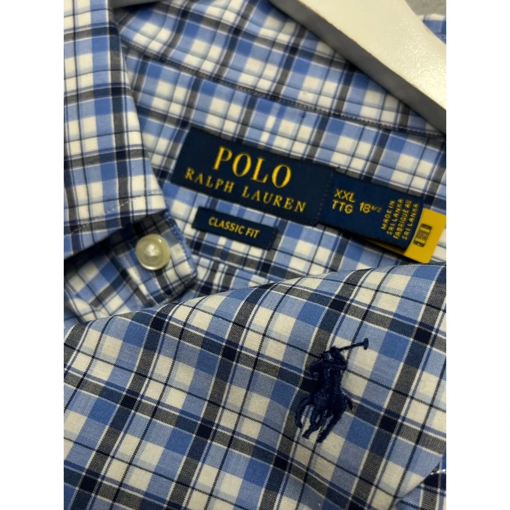 Polo Ralph Lauren Mens XXL Blue White Plaid Classic Fit Stretch Shirt 18.5 Neck